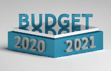 The word "budget" made of plastic letters on a plinth with the numbers 2020 and 2021